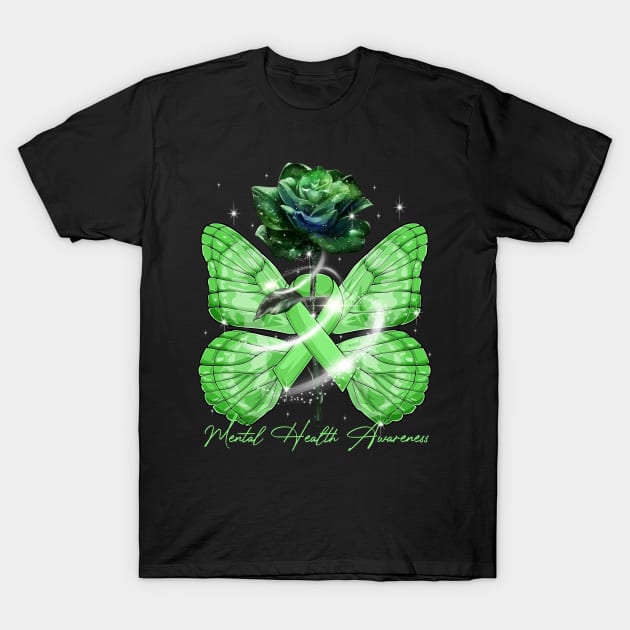 Mental Health Awareness Rose Butterfly Green Ribbon T-Shirt by DeforestSusanArt